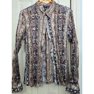 B.Moss Womens XL Sheer Brown & Beige Paisley Button-Up crinkle look  Blouse